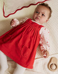 Red Bow Baby Cord Pinafore Long Sleeve Bodysuit & Tights Set