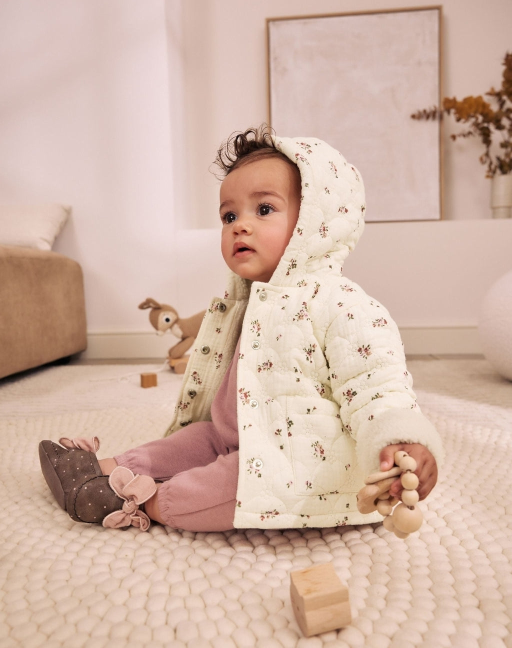 Ecru Floral Crinkle Popper Through Baby Jacket