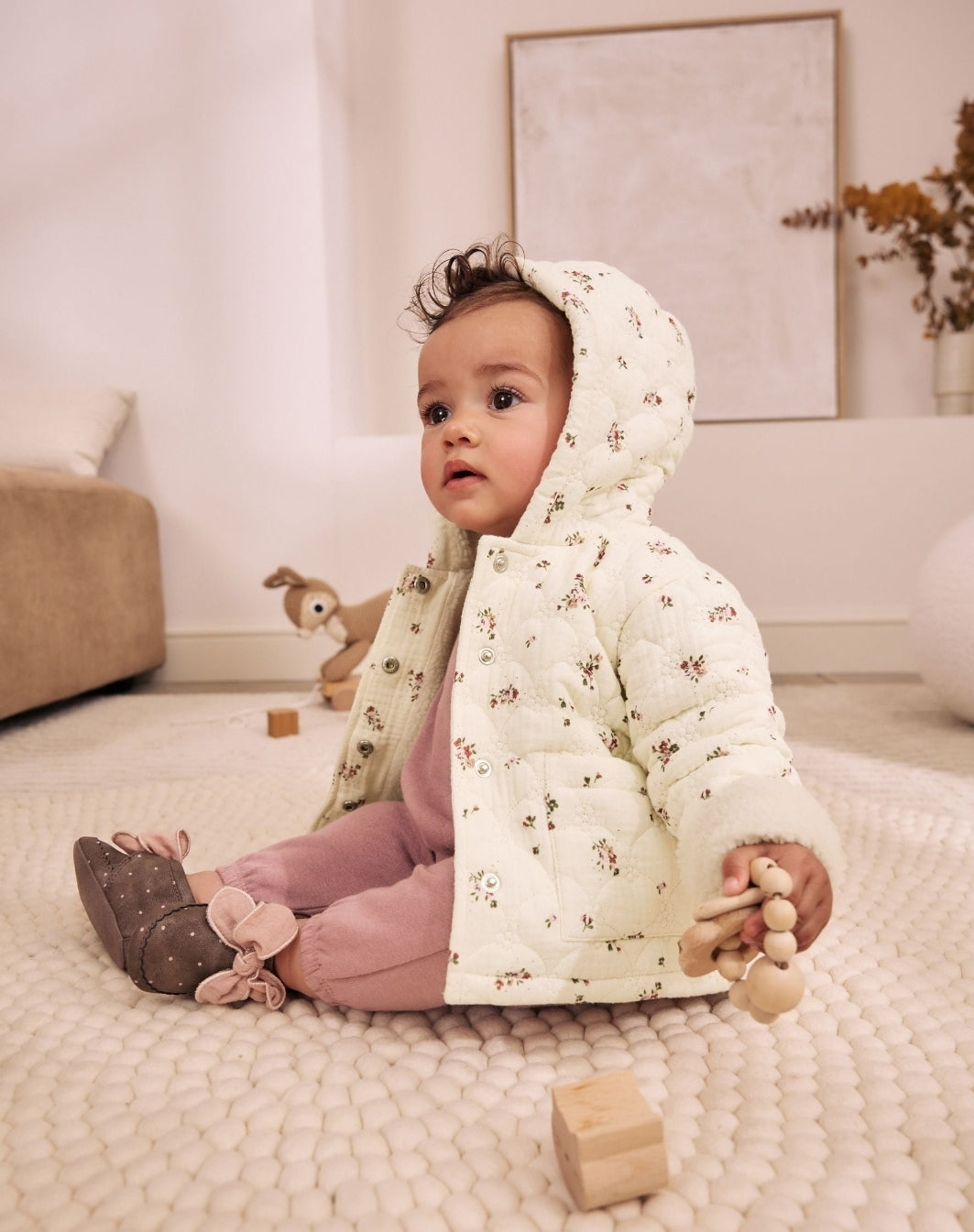 Ecru Floral Crinkle Popper Through Baby Jacket