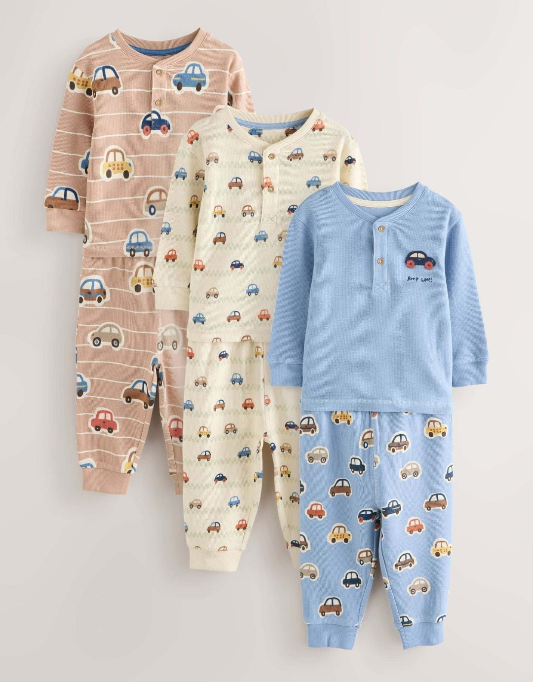 Ecru/Blue Relaxed Button NeckPyjamas Set 3 Pack