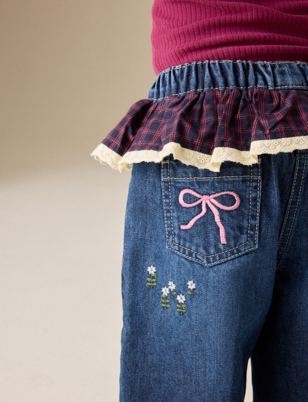 Embroidered Tartan Peplum Waist Jeans