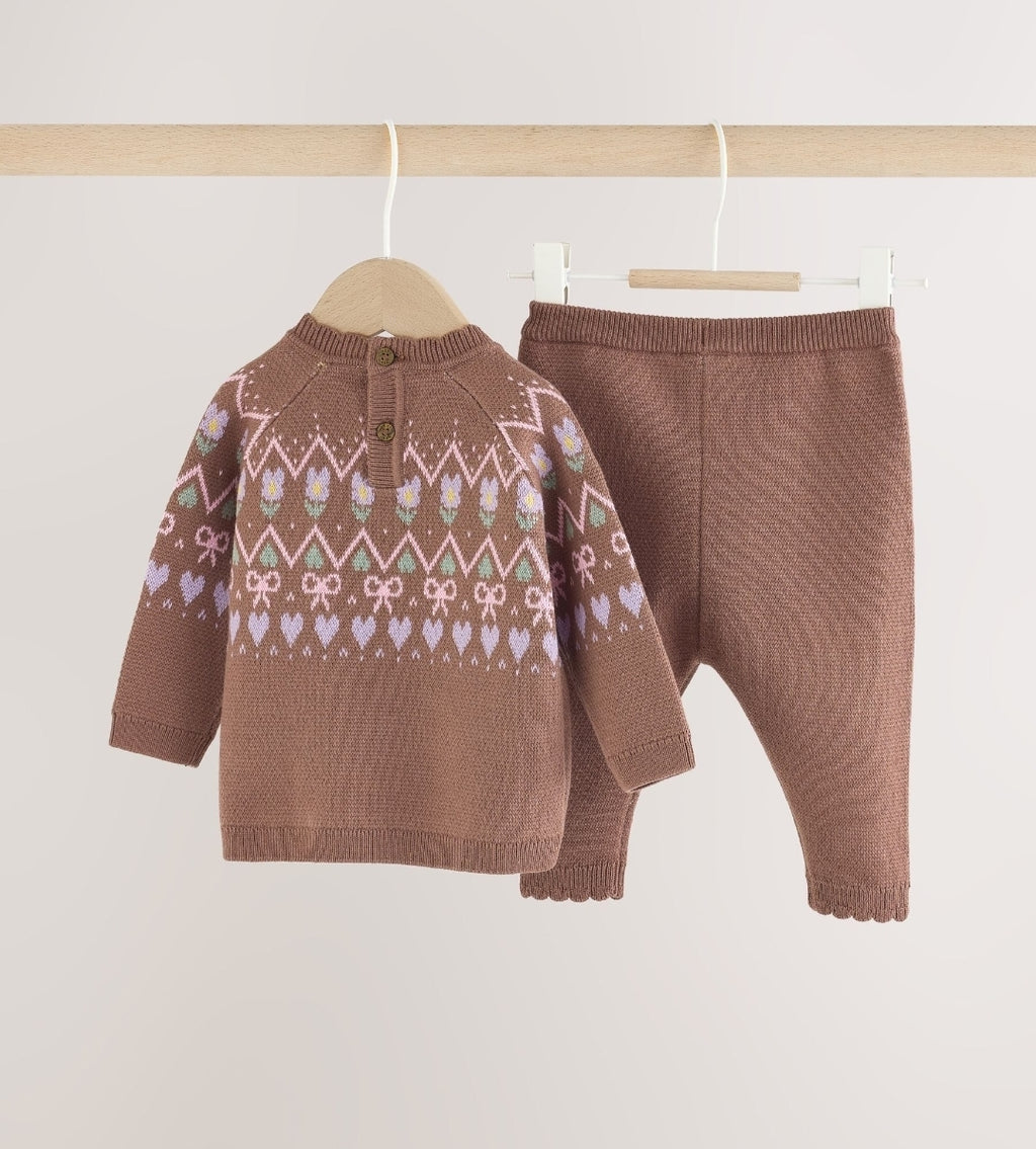 Chocolate Brown Fairisle Knitted Jumper and Legging Baby Set 2 Piece