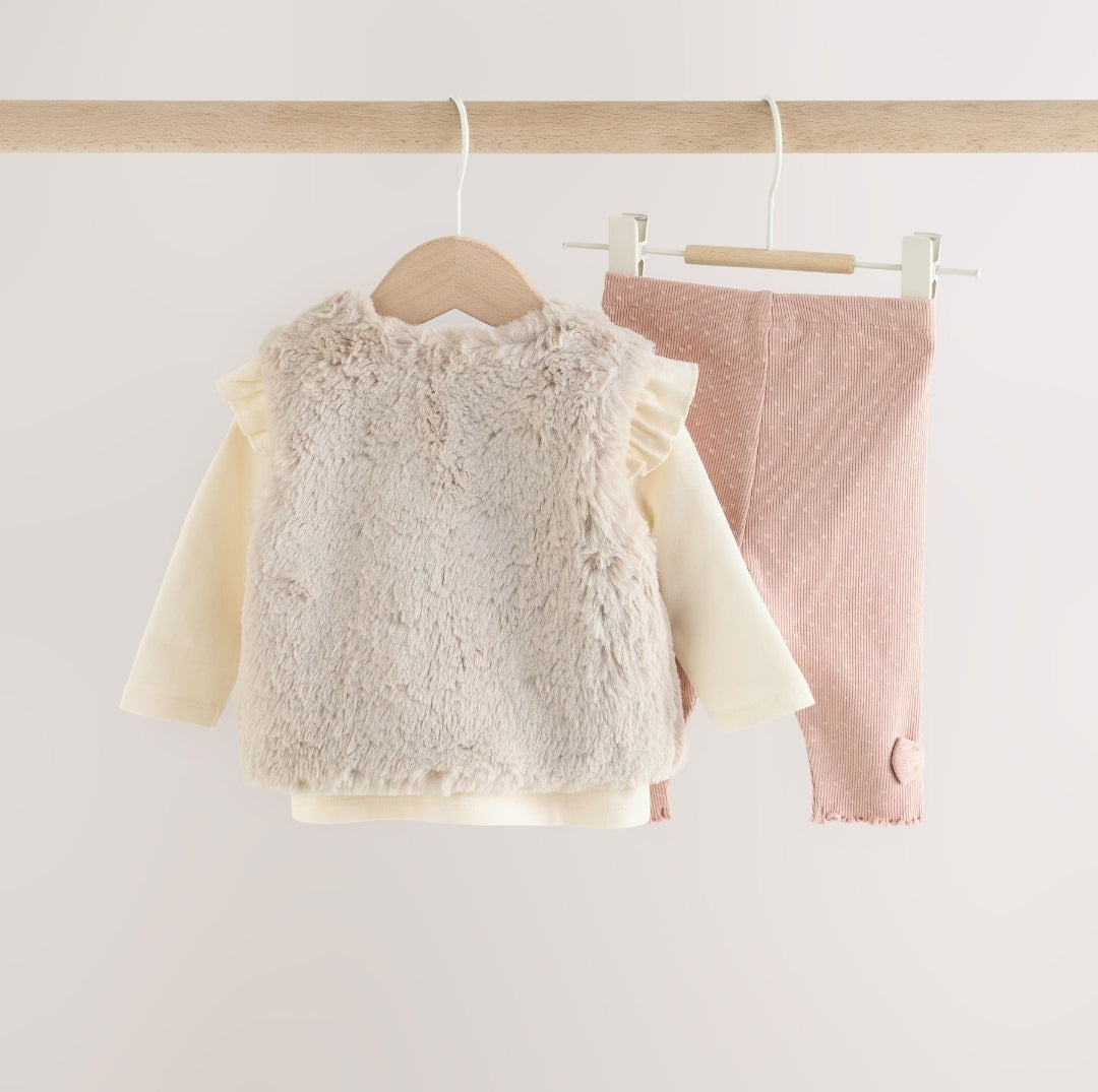 Pink/Cream Fur Baby Gilet Top and Leggings 3 Piece Set