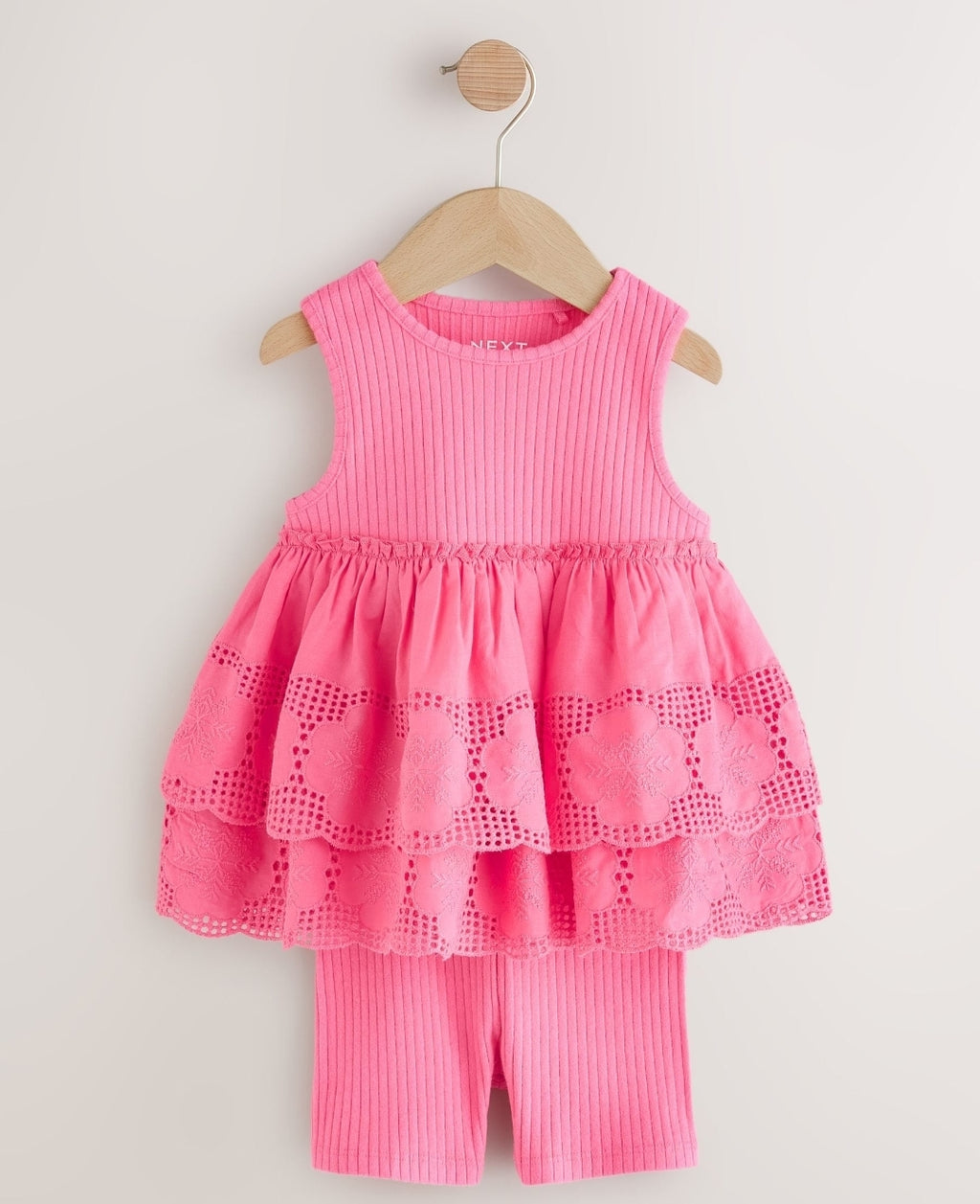 Pink Broderie Peplum Vest and Cycle Shorts Set