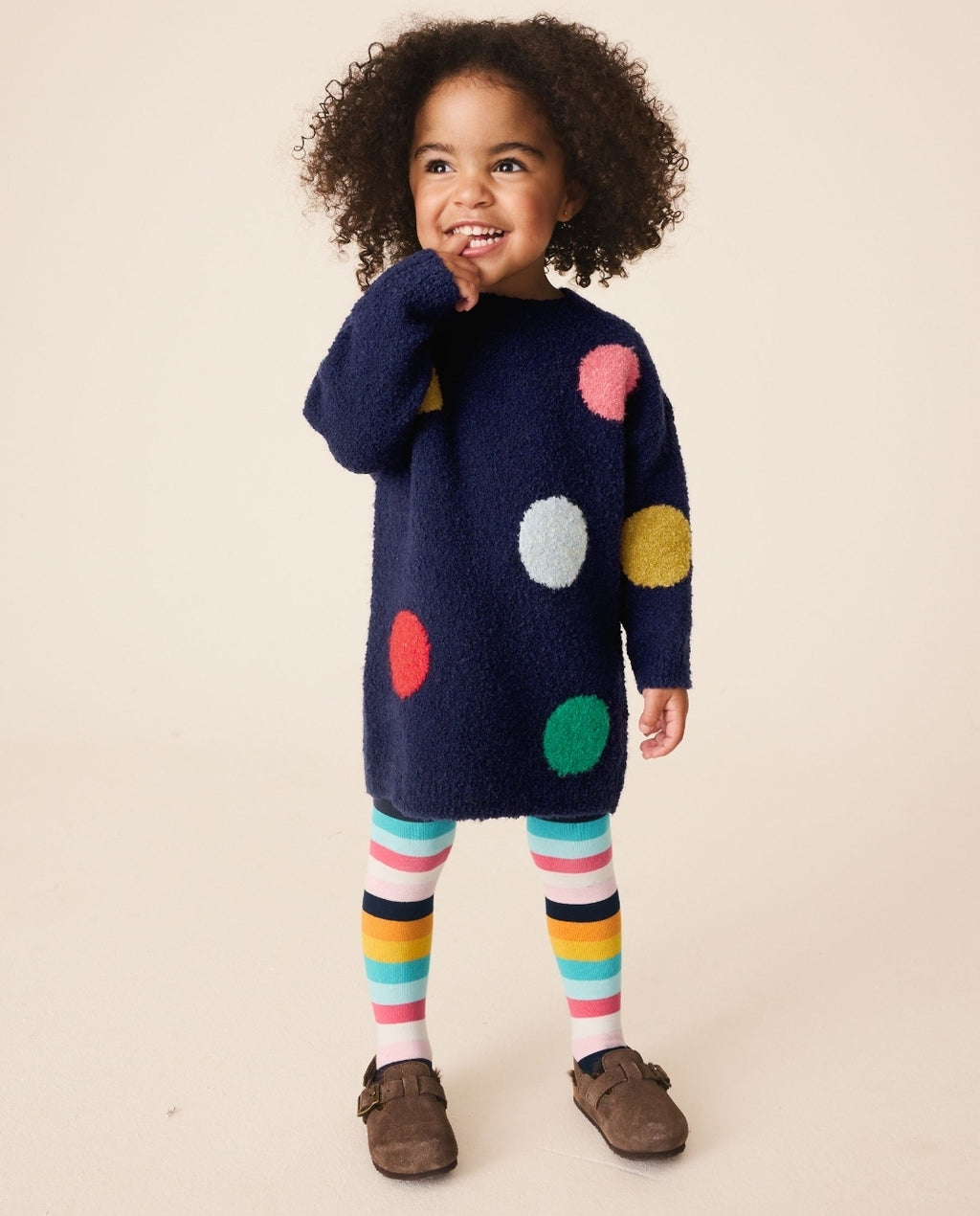 Navy Rainbow Spot Knitted
Jumper Dress And Tights Set