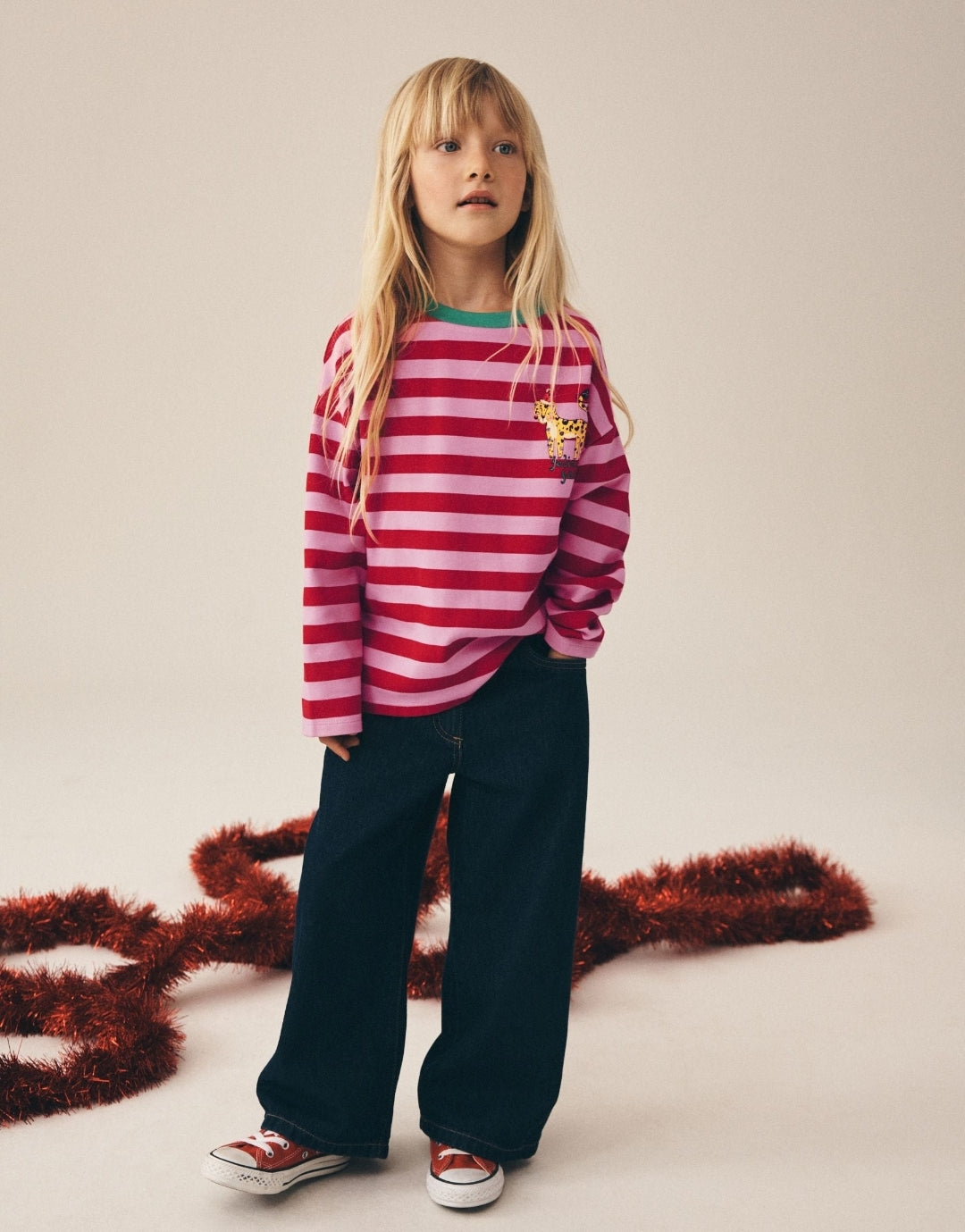Red Stripe Christmas Cat Sequin Long Sleeve Top