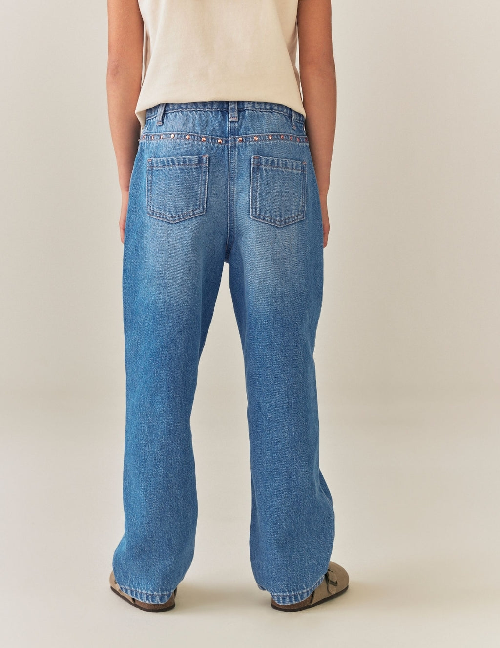 Mid Wash Stud Pocket Detail Straight Leg Jeans