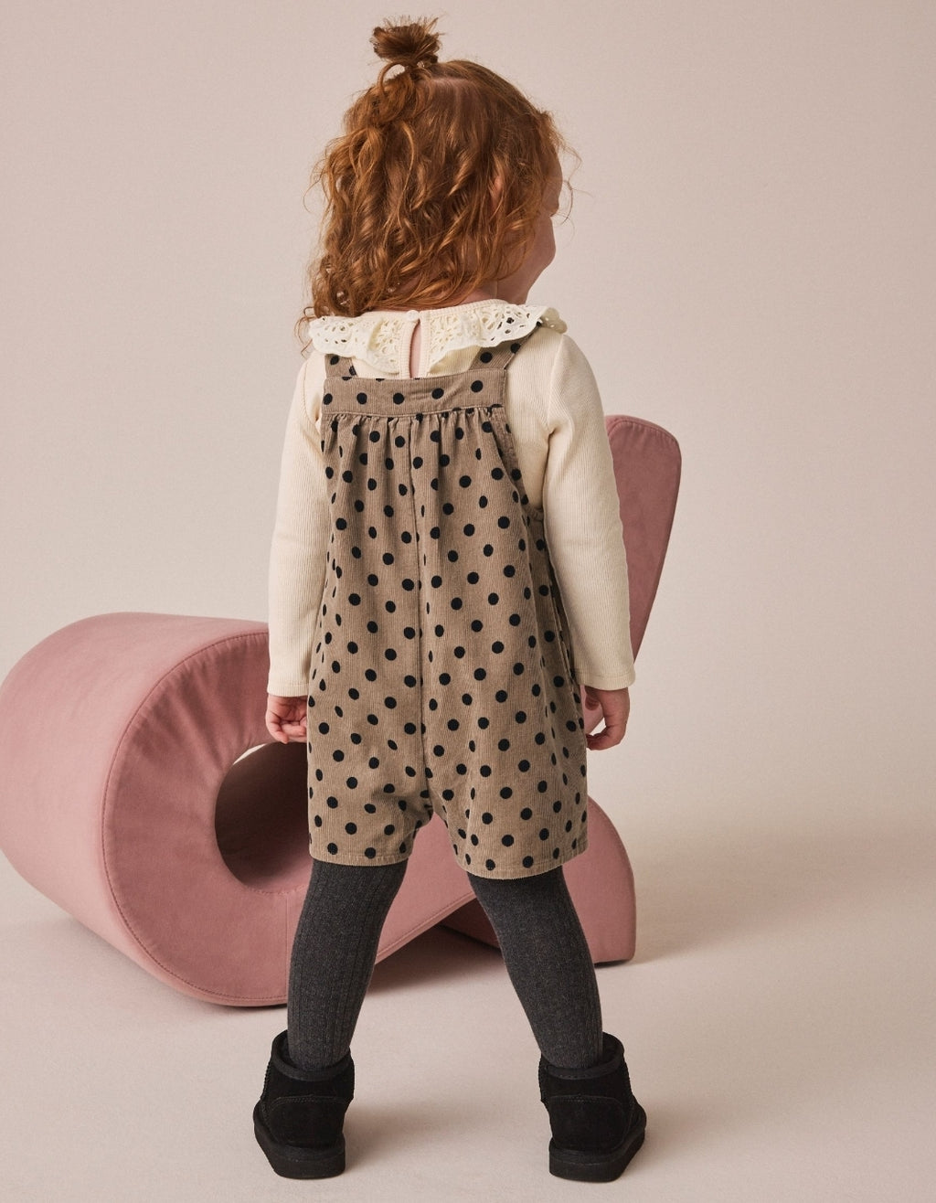 Brown Spot Cord Dungaree & Tights Set