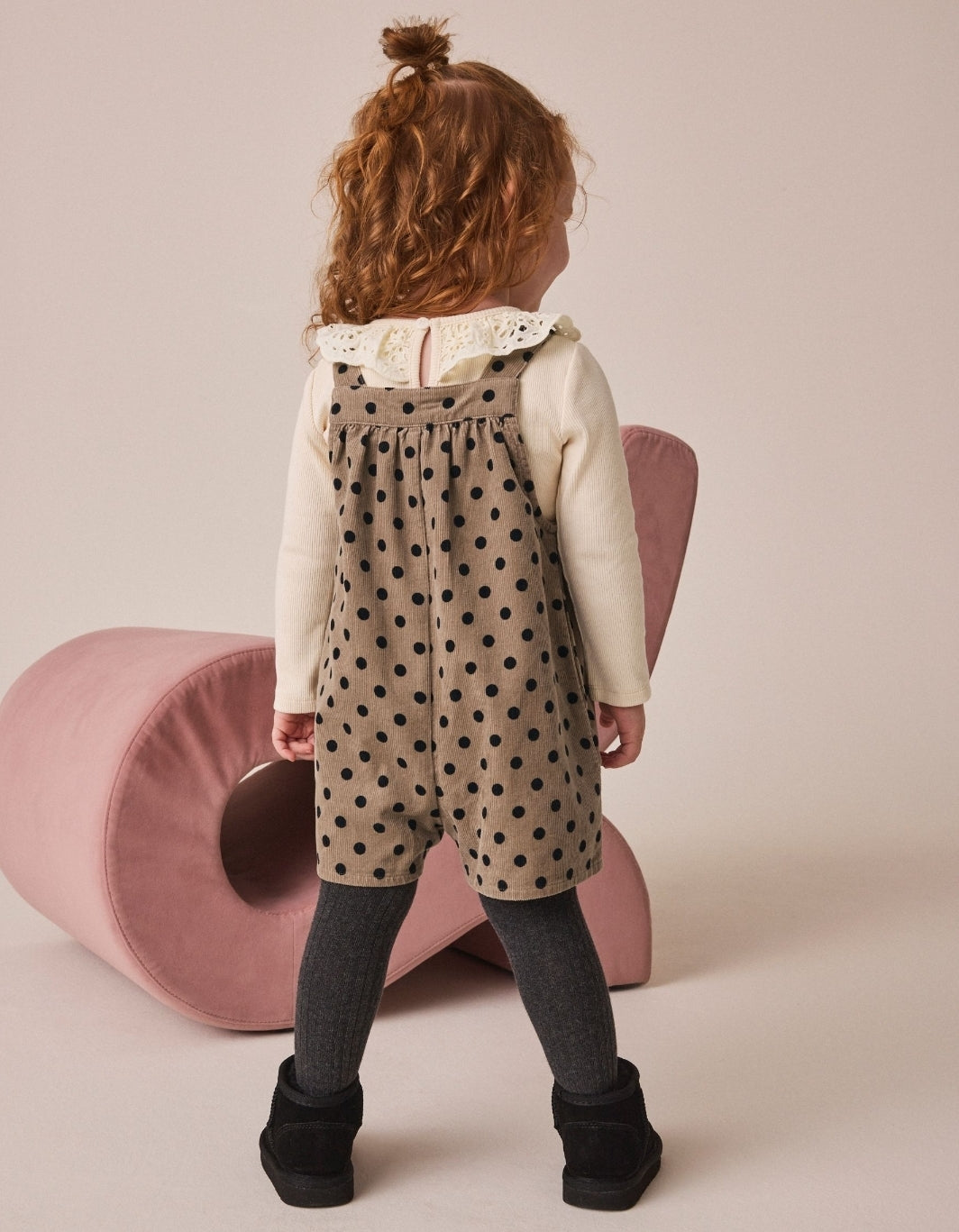 Brown Spot Cord Dungaree & Tights Set