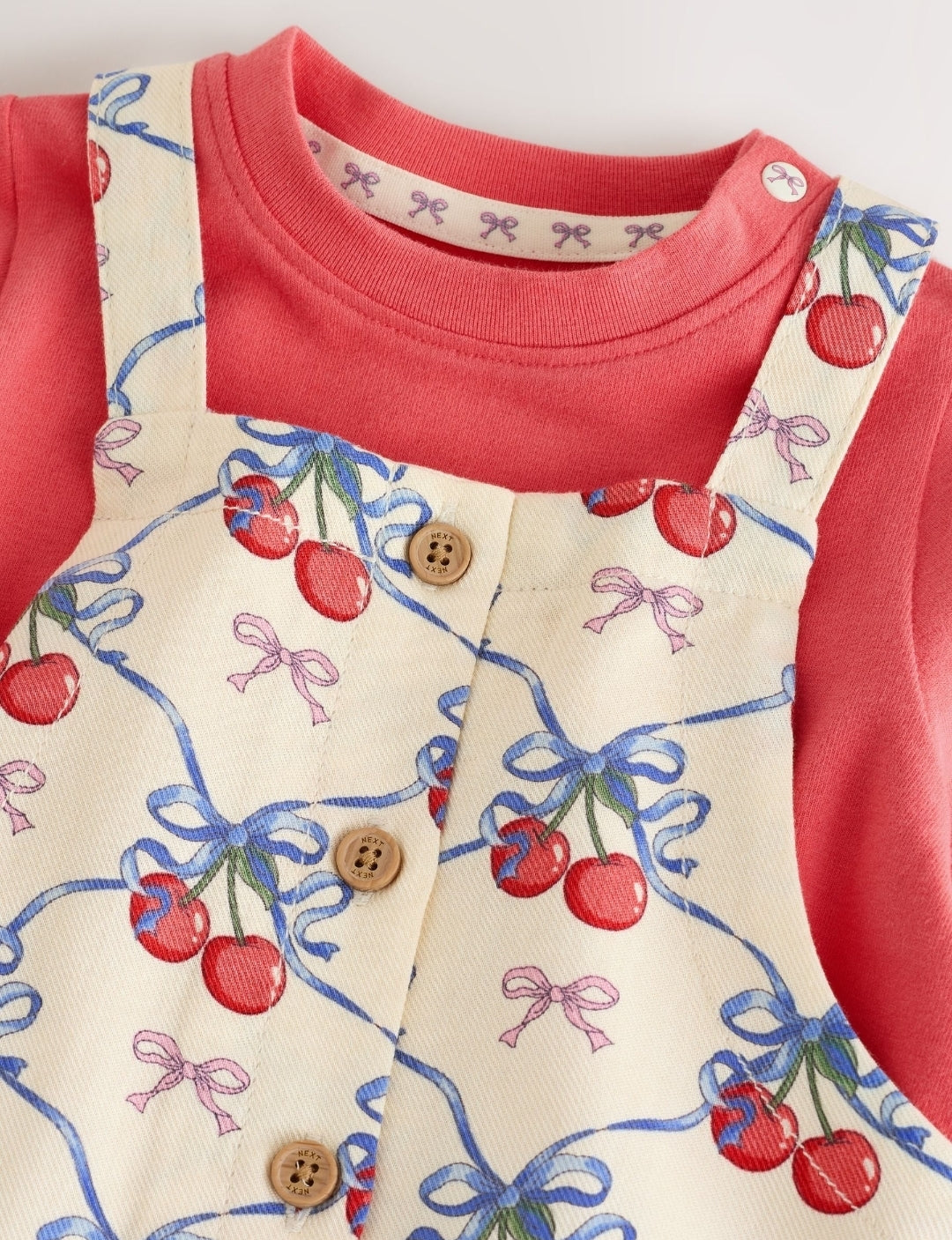 Ecru Cherry Baby Long Sleeve Bodysuit And Woven Dungarees