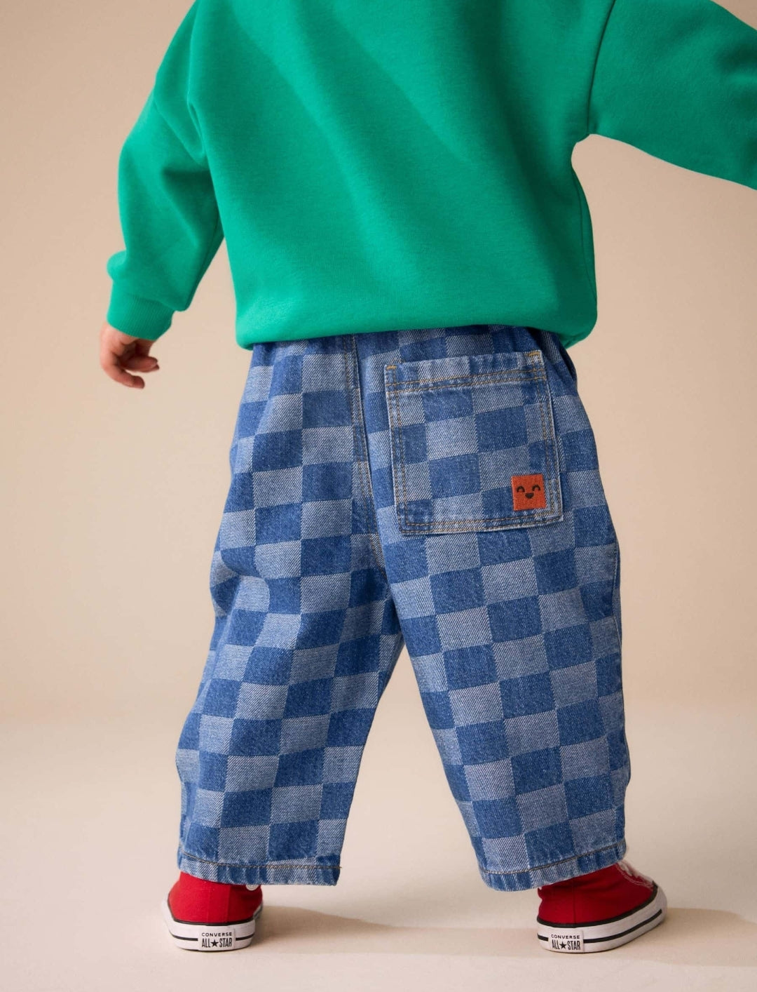Mid Blue Checkerboard With All Over
Embroidery Wide Fit Jeans