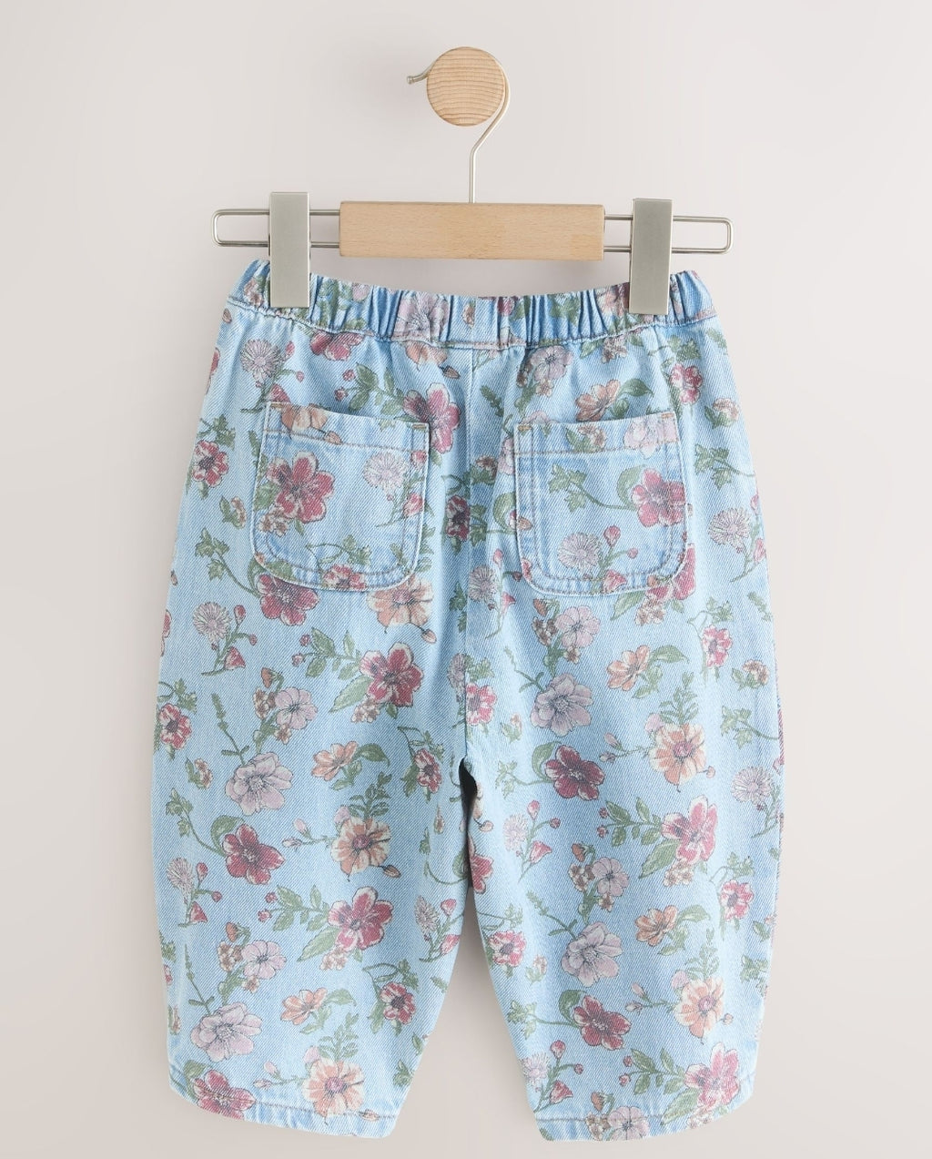 Blue Floral Print Pullon Barrel Jeans