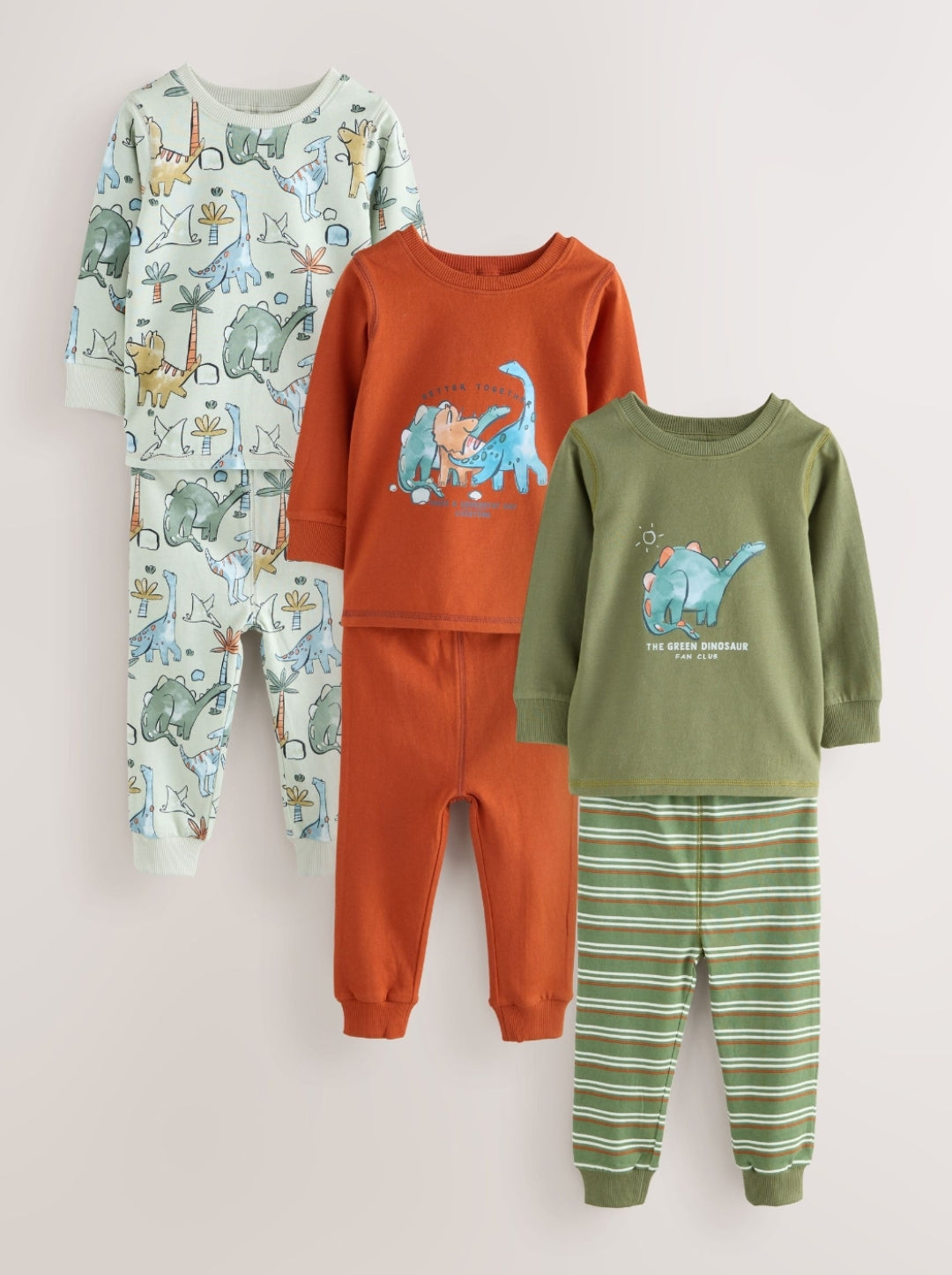 Green/Orange Dino Sketch Snuggle Pyjamas 3 Pack
