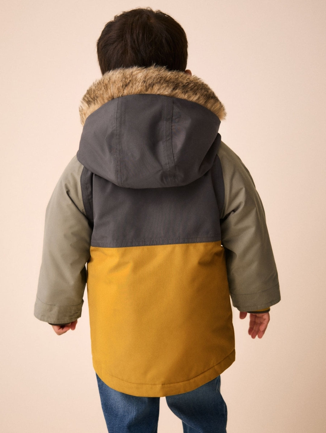 Ochre and Khaki Colour Block Fur Hood