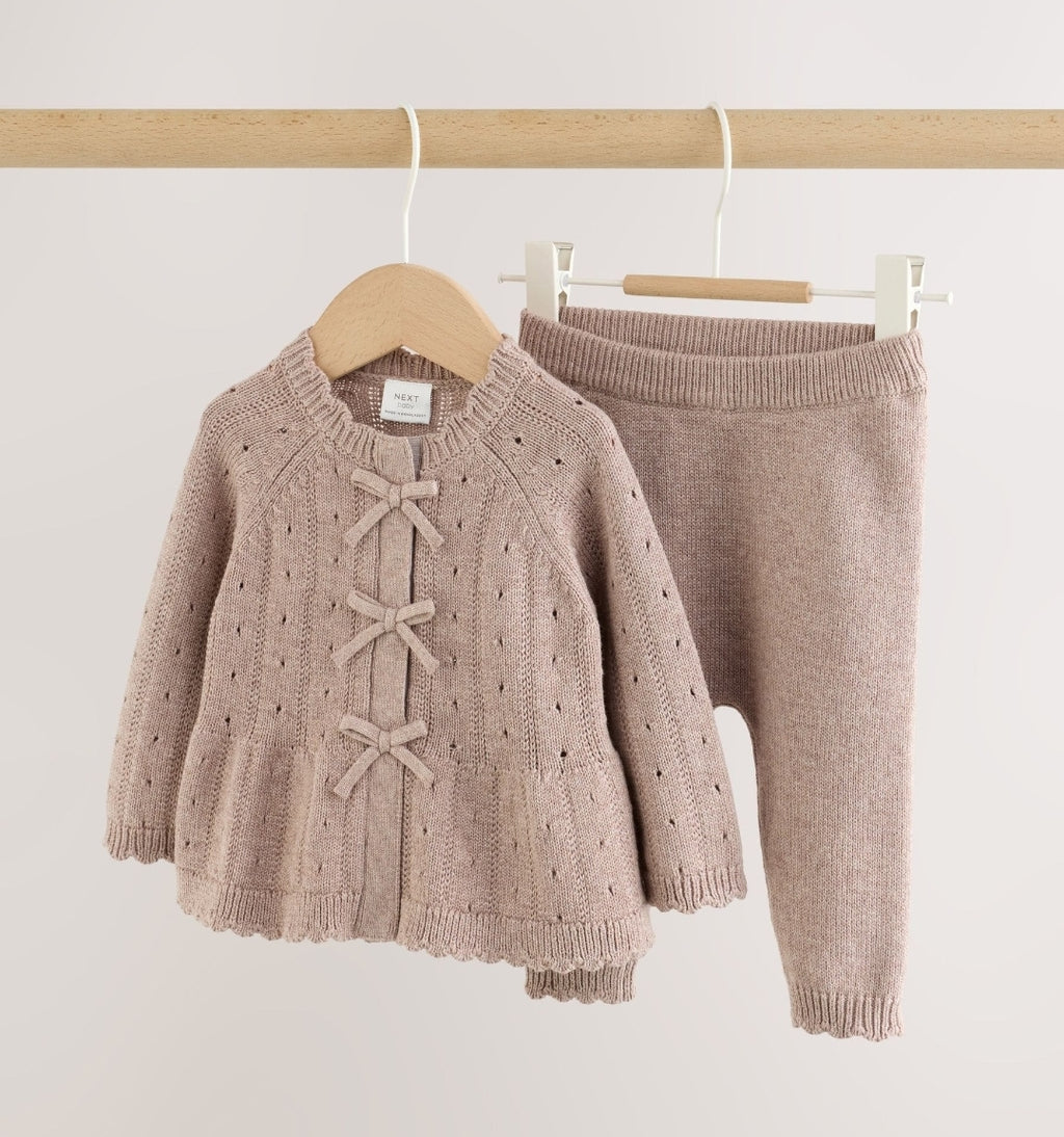 Chocolate Brown Frill Knitted Bow Baby Cardigan & Leggings Set 2