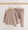 Chocolate Brown Frill Knitted Bow Baby Cardigan & Leggings Set 2