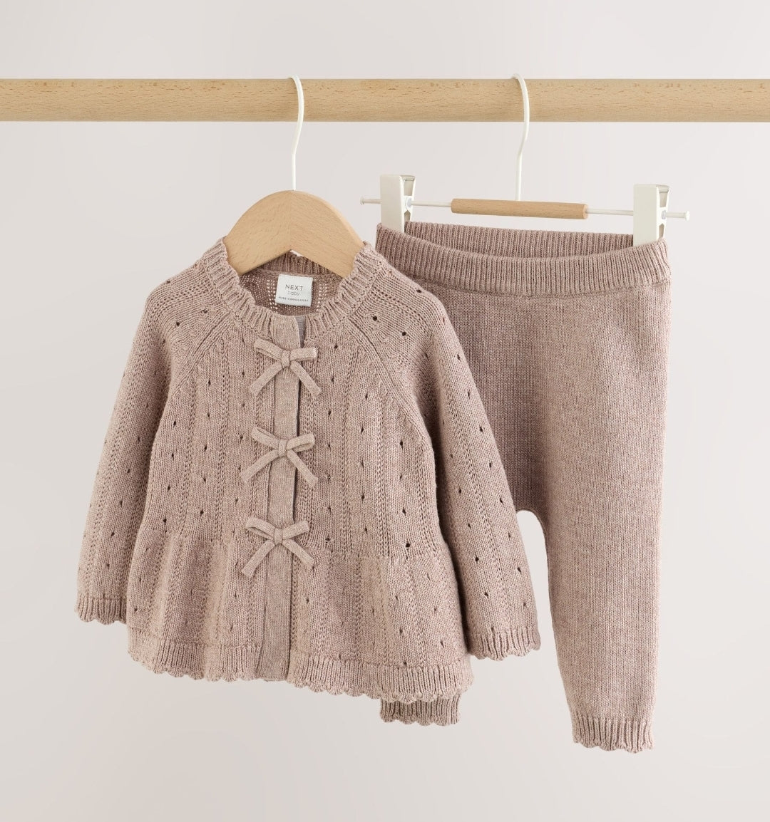 Chocolate Brown Frill Knitted Bow Baby Cardigan & Leggings Set 2