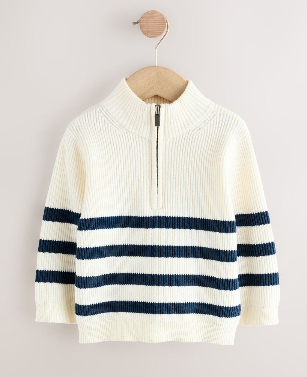 Ecru/Navy Stripe Knitted Quarter
Zip Jumper