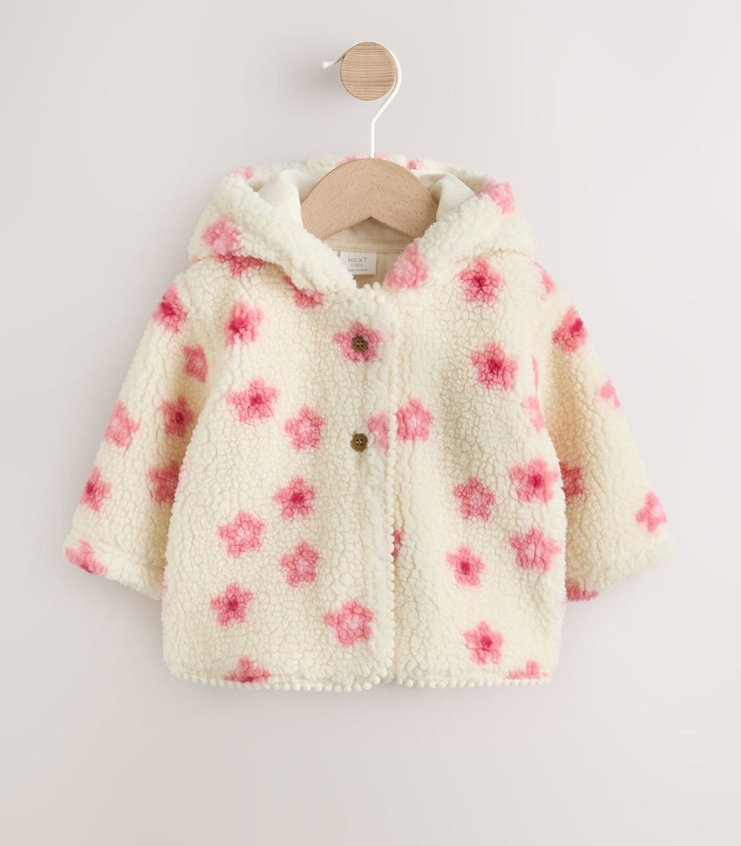 Ecru and Pink Floral Borg Hooded
Baby Jacket