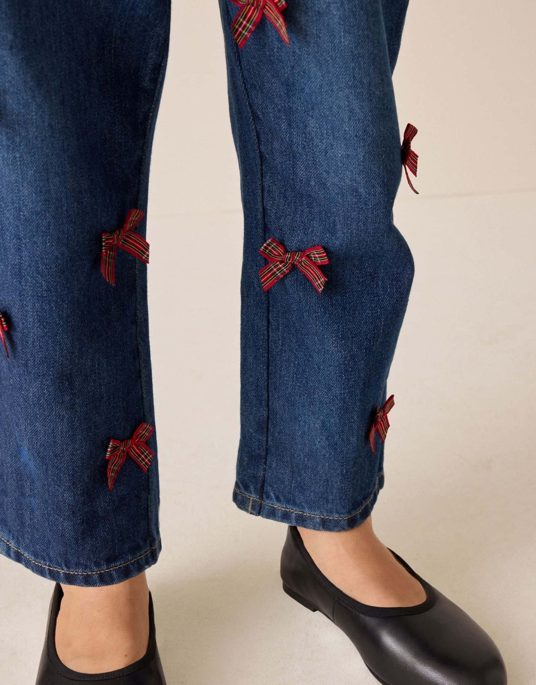 Denim/ Red Tartan Bows Mom Jeans