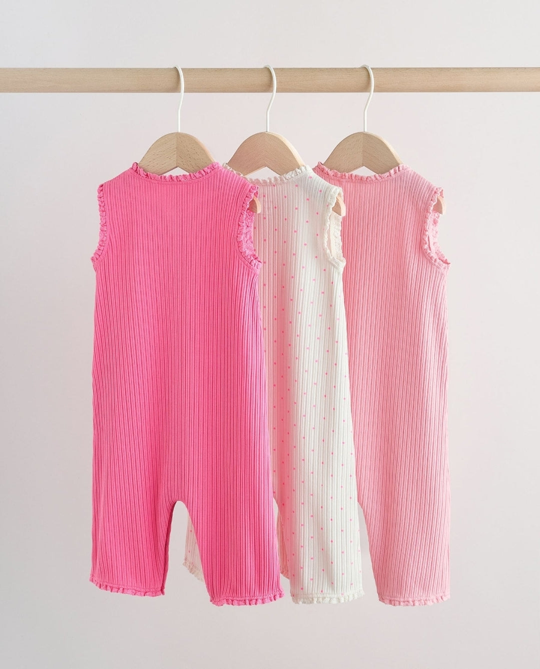 Pink Tonal Button Through Wide Leg Jersey Baby Rompers 3 Pack