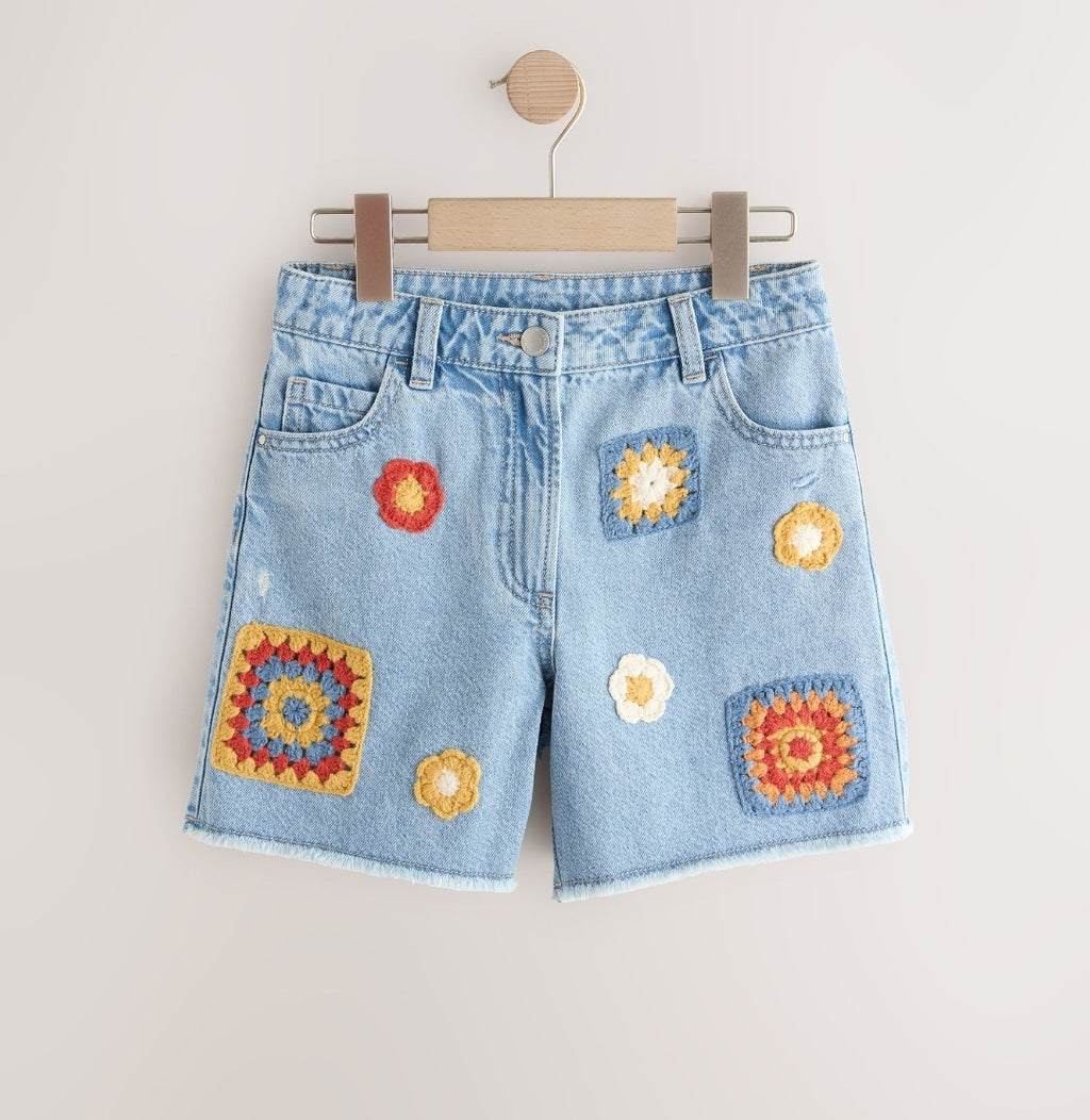 Mid Blue Denim Crochet Applique
Crochet Denim Shorts
