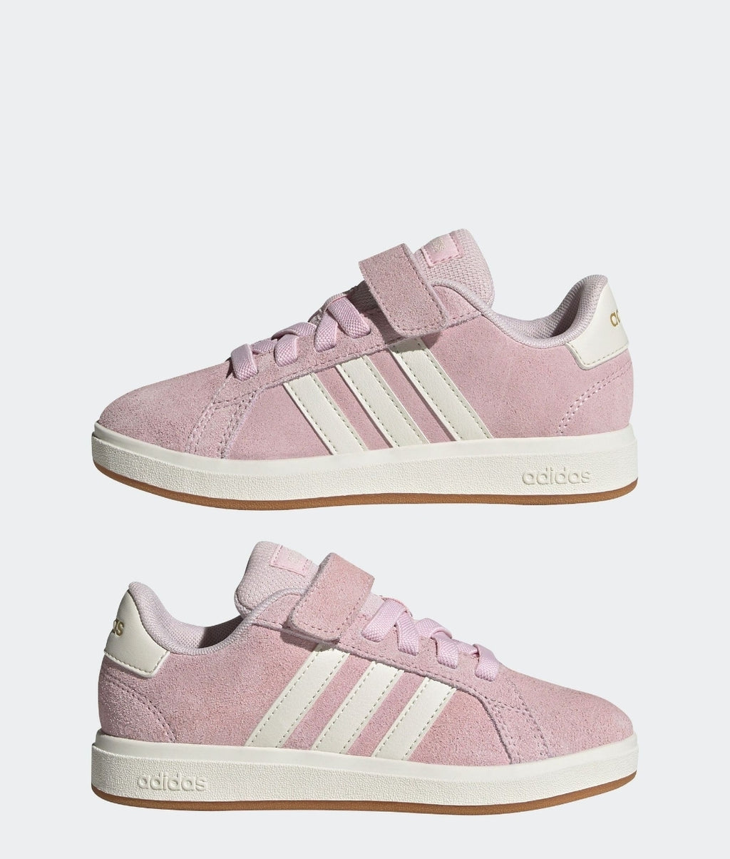 adidas Light Pink Grand Court OOs Suede Elastic Lace Kids Trainers