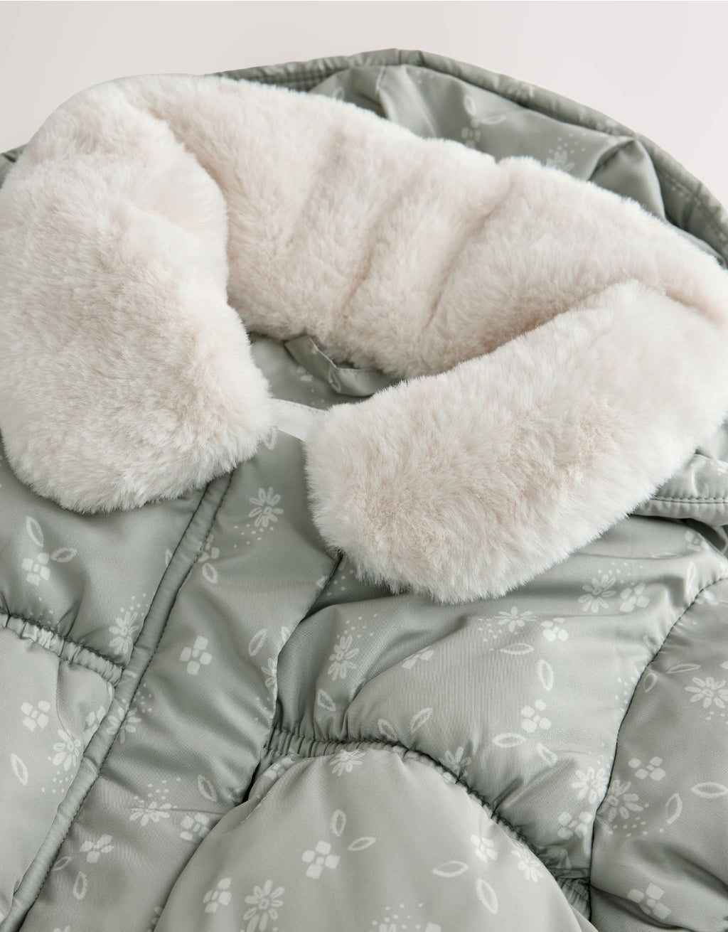Sage Green Floral Shower Resistant Faux Fur Collar Padded