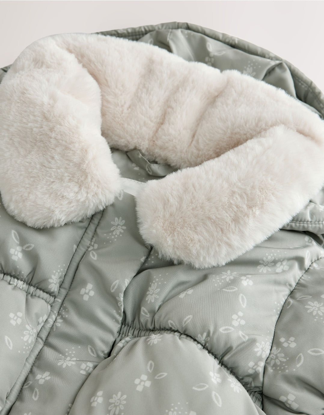 Sage Green Floral Shower Resistant Faux Fur Collar Padded