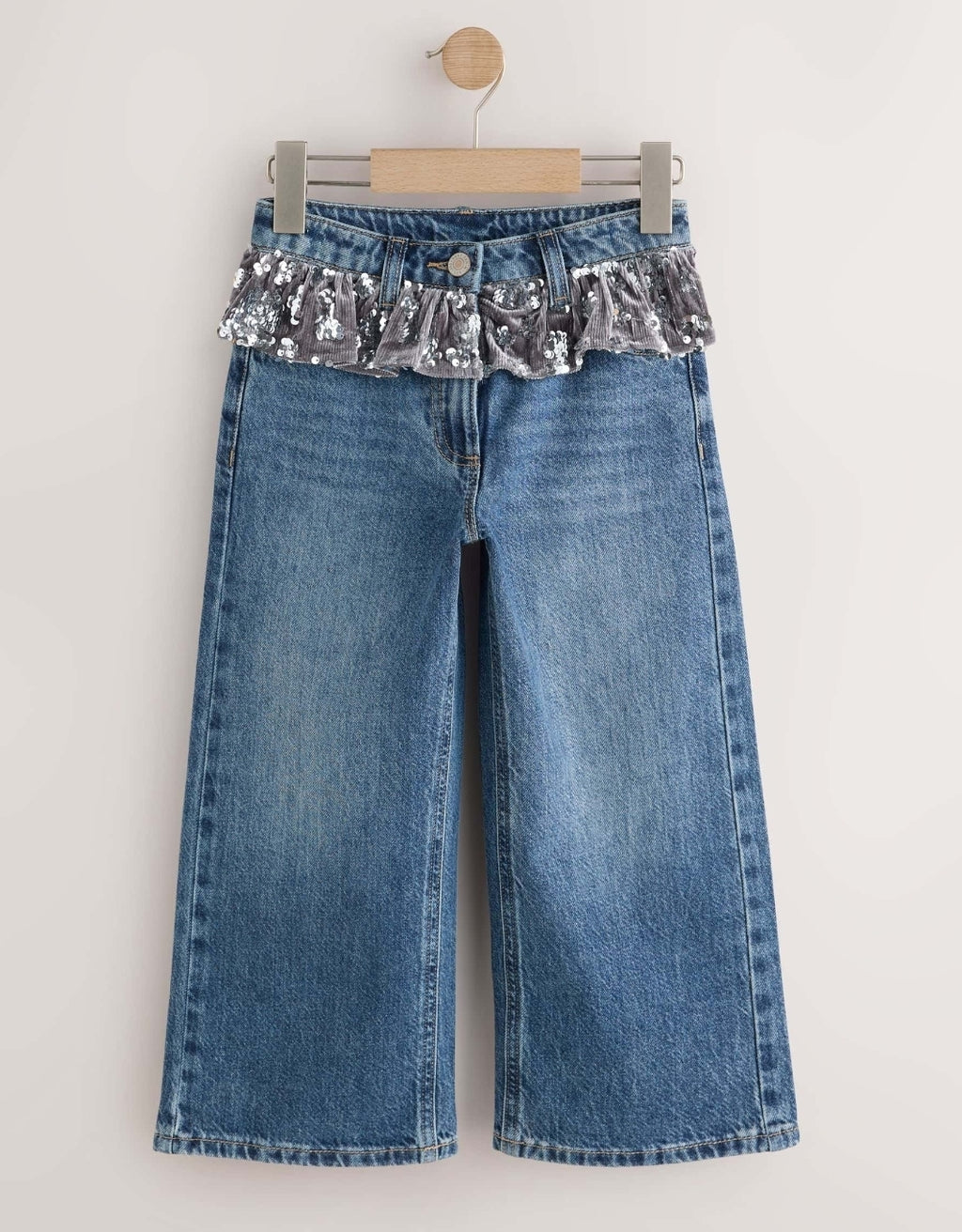 Blue Denim Sequin Peplum Wide Leg Jeans