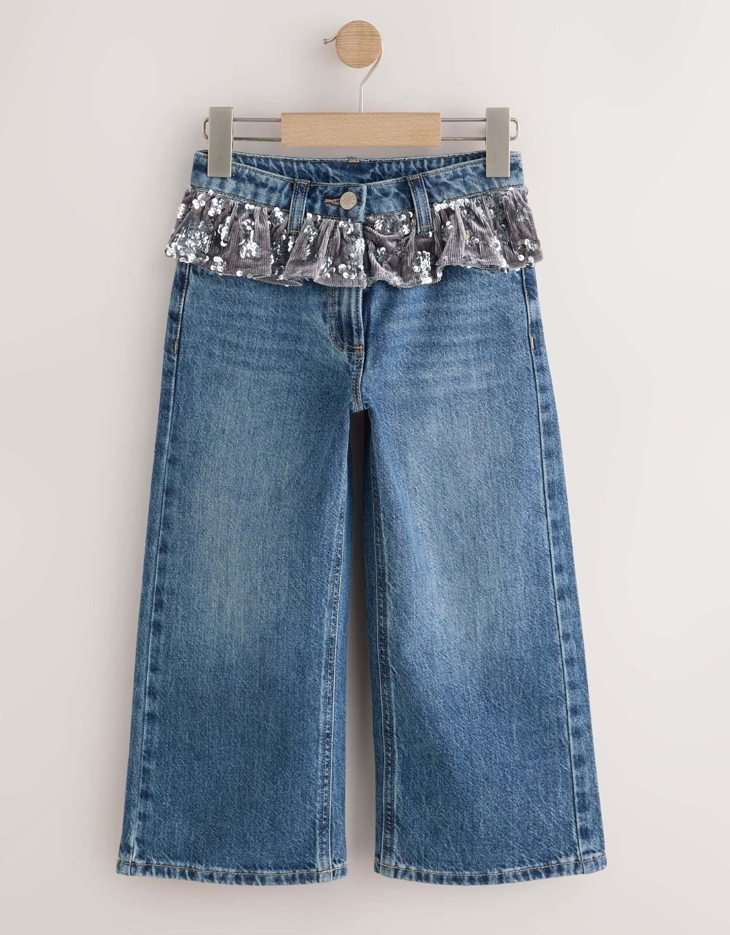 Blue Denim Sequin Peplum Wide Leg Jeans