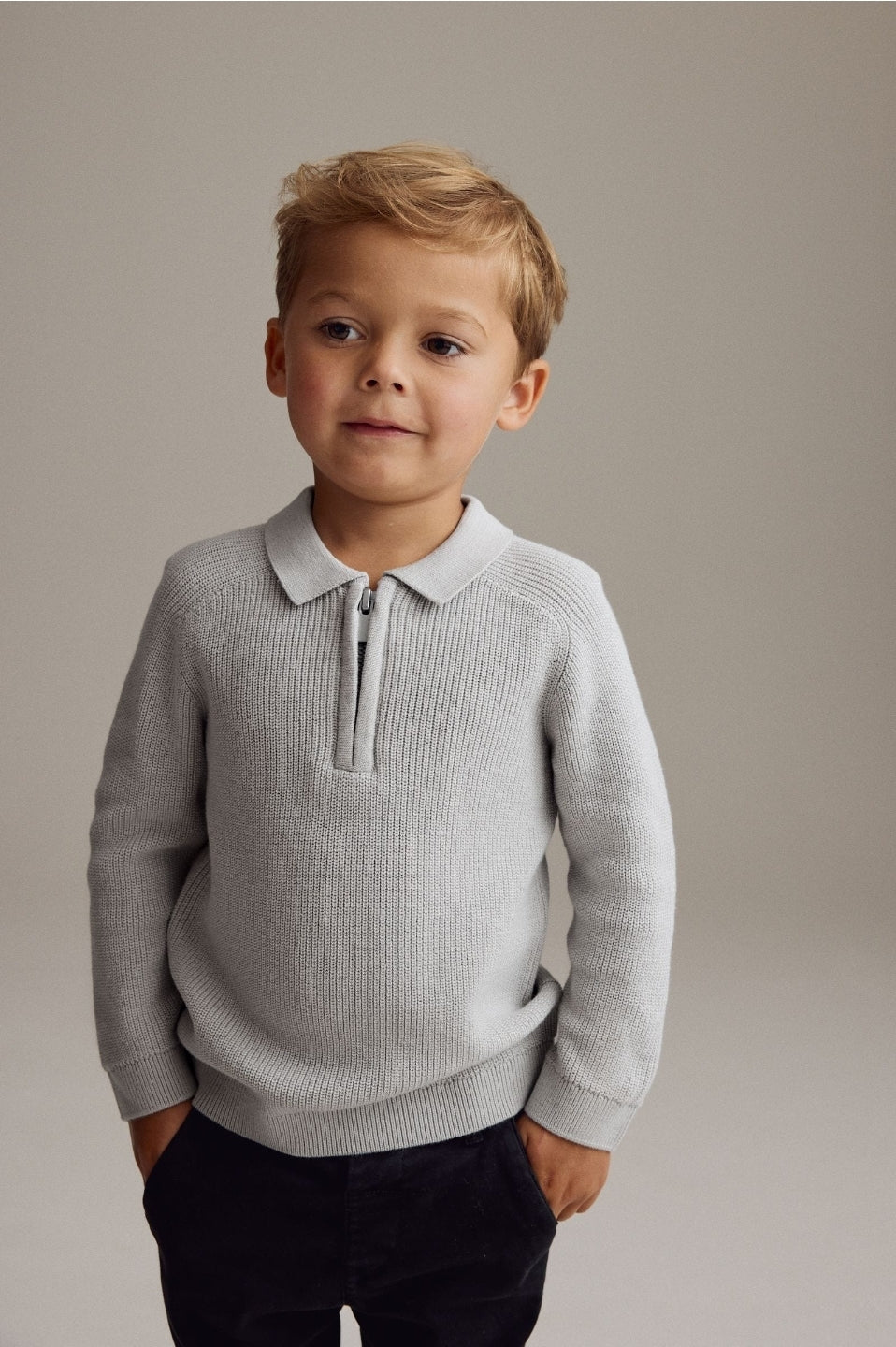 Light Grey Long Sleeve Quarter Zip Knitted Polo Shirt