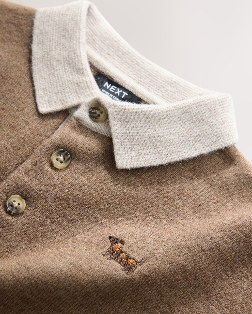 Tan Brown Contrast Collar Button Neck Knitted Polo Shirt