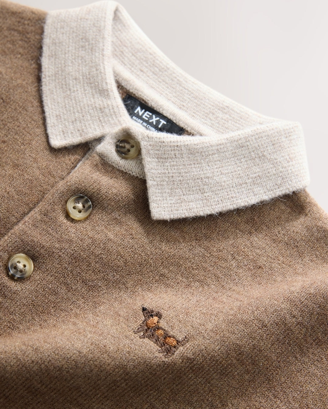 Tan Brown Contrast Collar Button Neck Knitted Polo Shirt
