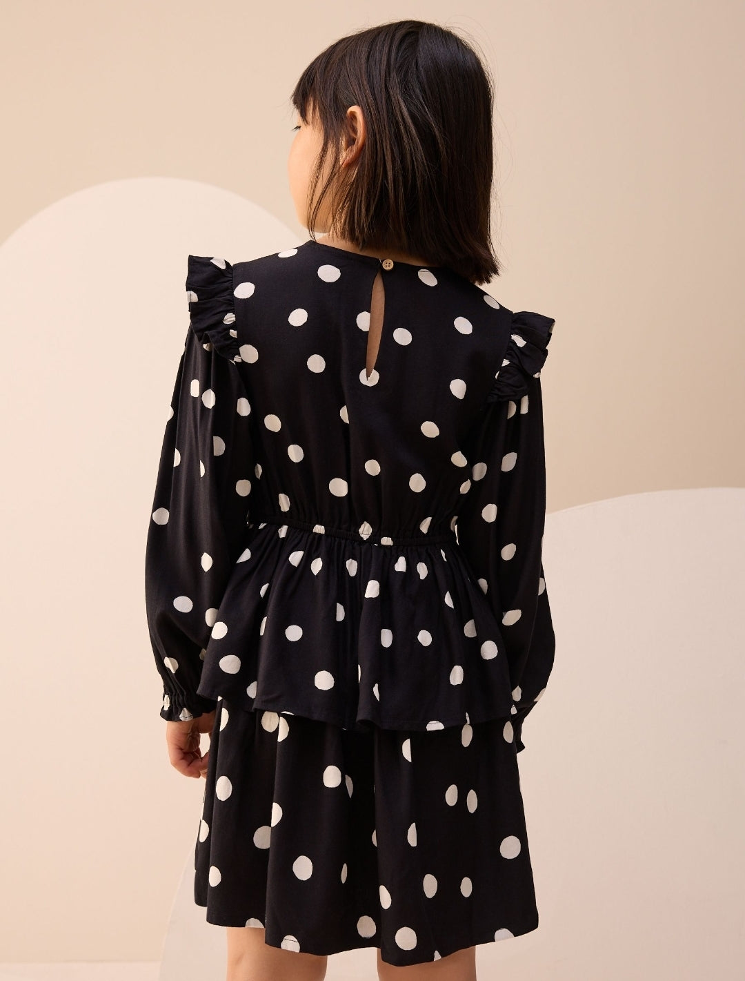 Black/White Spot Long Sleeve
Ruffle Dress