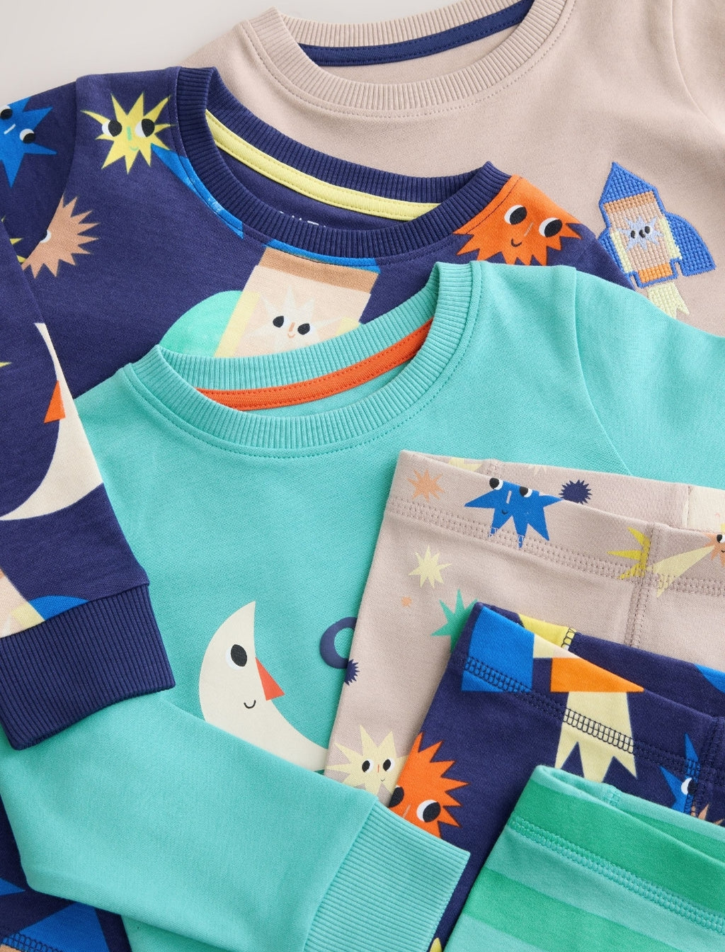 Ecru/Navy/Green Spaceship Relaxed Snuggle Pyjamas 3 Pack