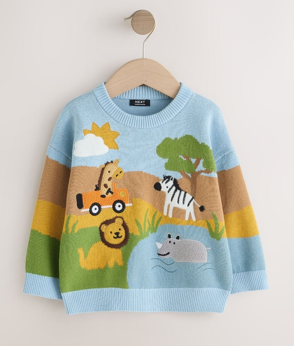 Blue/Orange Safari Character Knitted Crew Neck Jumper