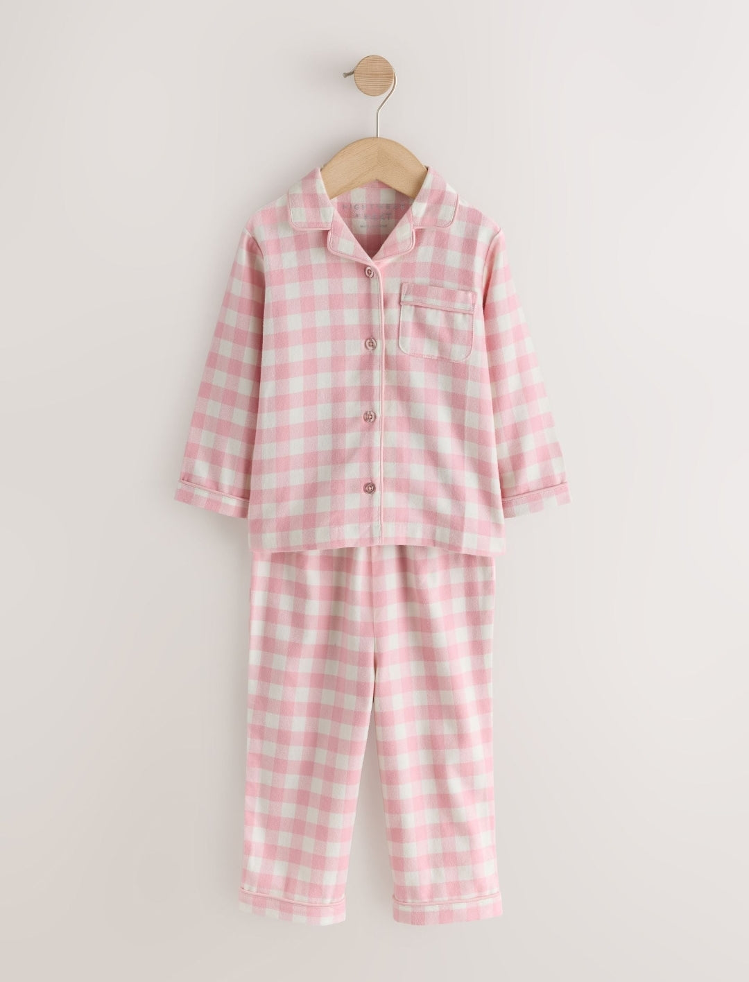 Ecru/Pink Check Ribbon Wrapped Woven Button Through Pyjamas Set