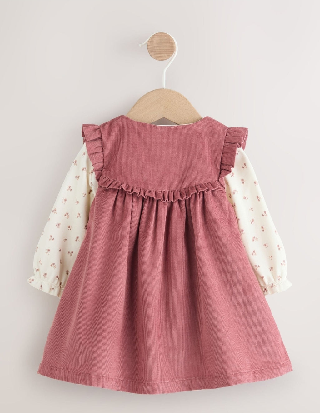 Pink Embroidered Baby Cord Pinafore Long Sleeve Bodysuit