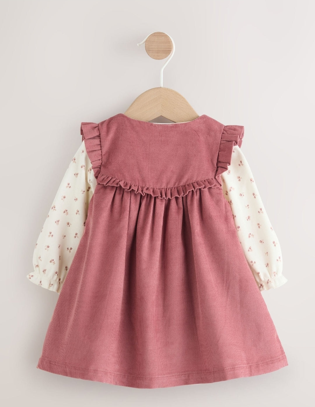 Pink Embroidered Baby Cord Pinafore Long Sleeve Bodysuit