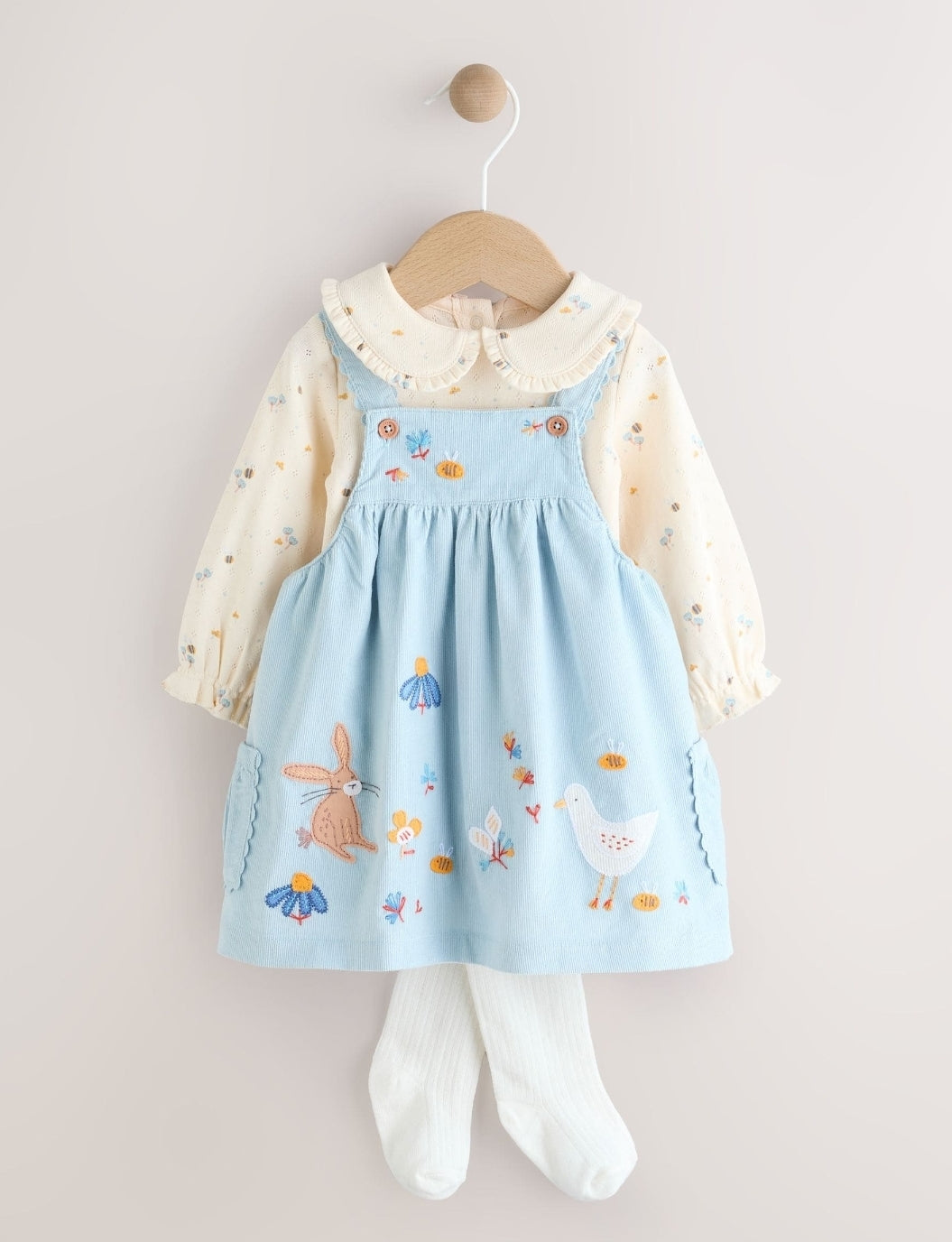 Blue Character Baby Cord Pinafore Long Sleeve Bodysuit & Tights Set