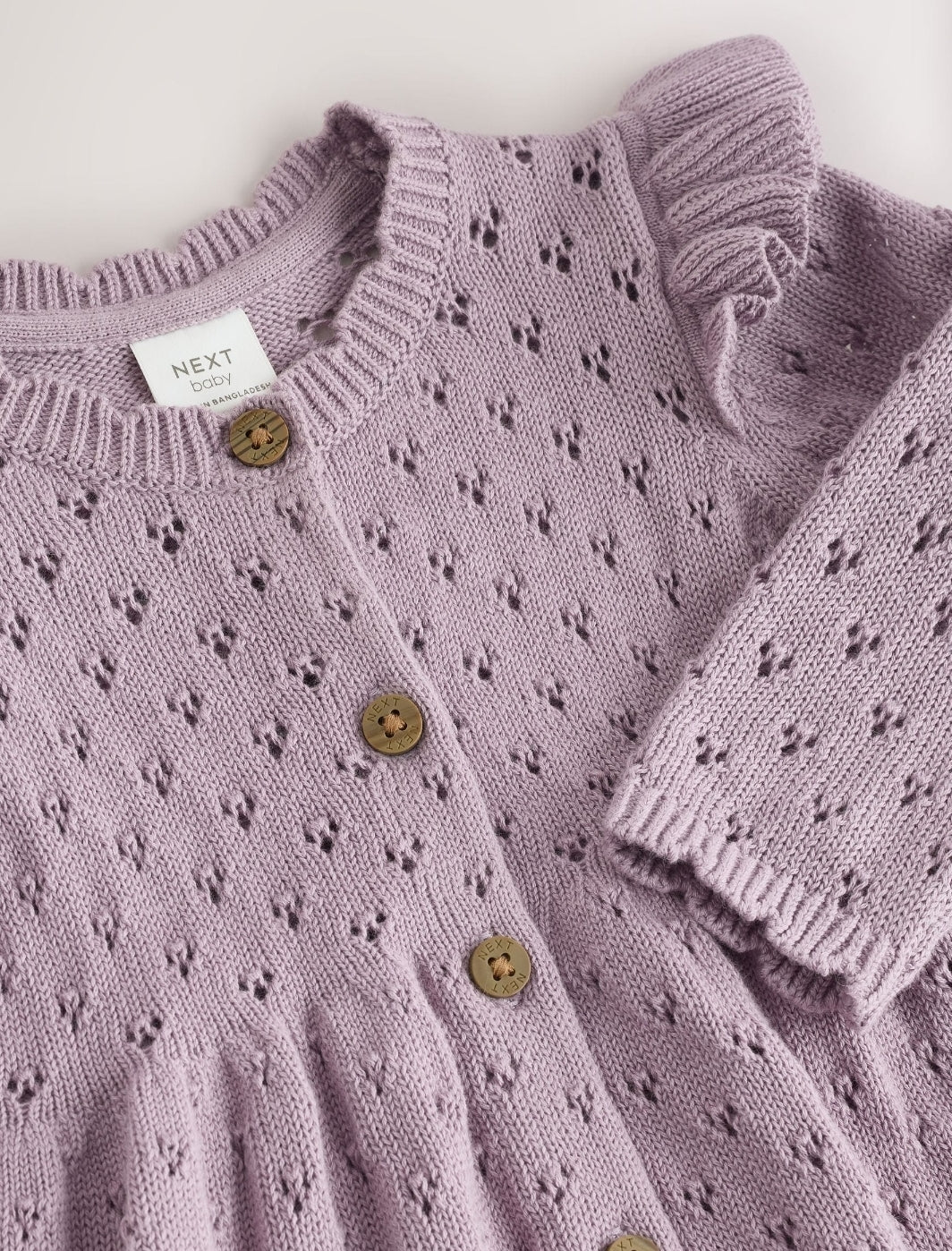 Lilac Purple Pointelle Knitted Frill
Shoulder Baby Dress