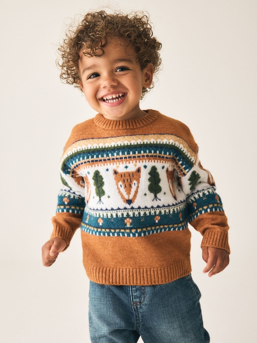 Brown/Cream Character Knitted Crew Neck Jumper