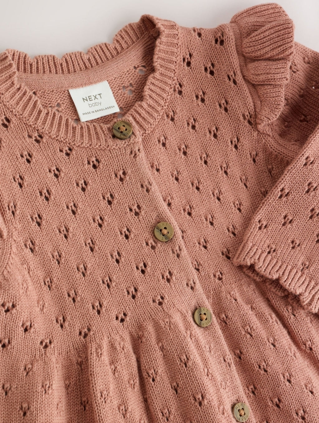 Rust Brown Pointelle Knitted Frill Shoulder Baby Dress