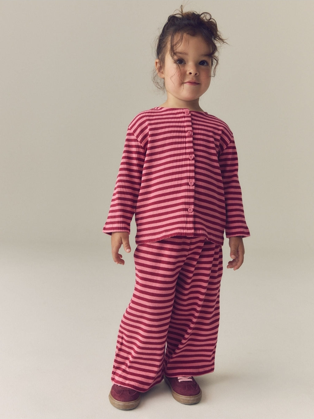 Pink Stripe Ribbed Cardigan and Wide Leg Trousers Set