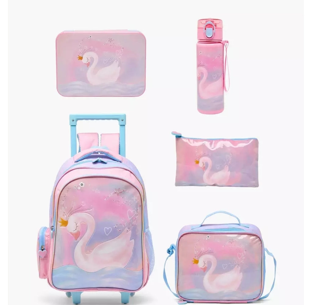 Juniors Swan Print 5-Piece School Trolley Bag Set 16 inches