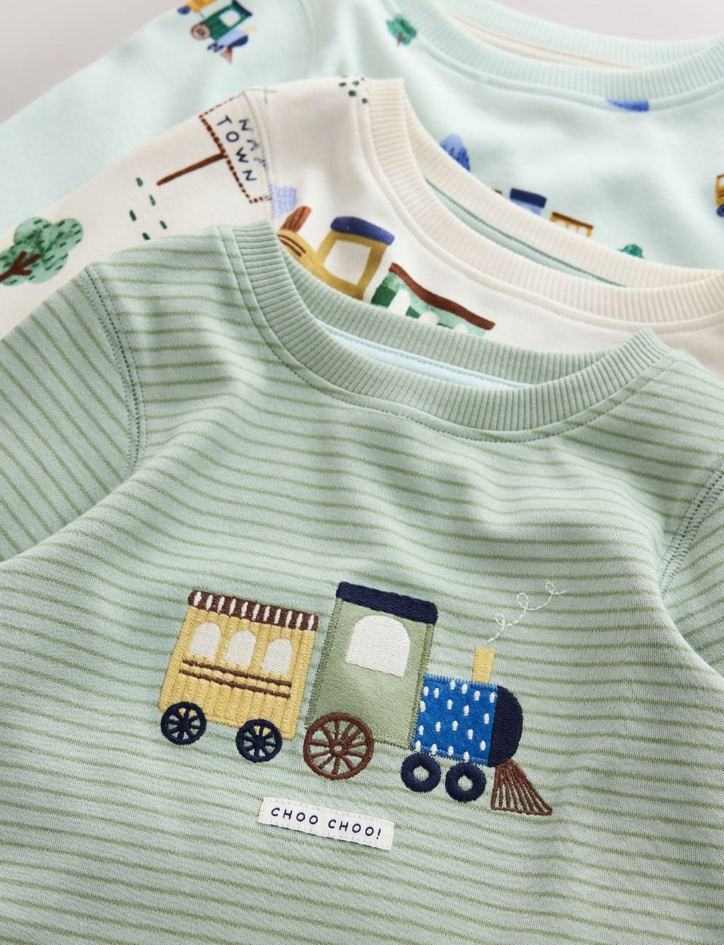 Green/Ecru Train Mini Print Snuggle Pyjamas 3 Pack
