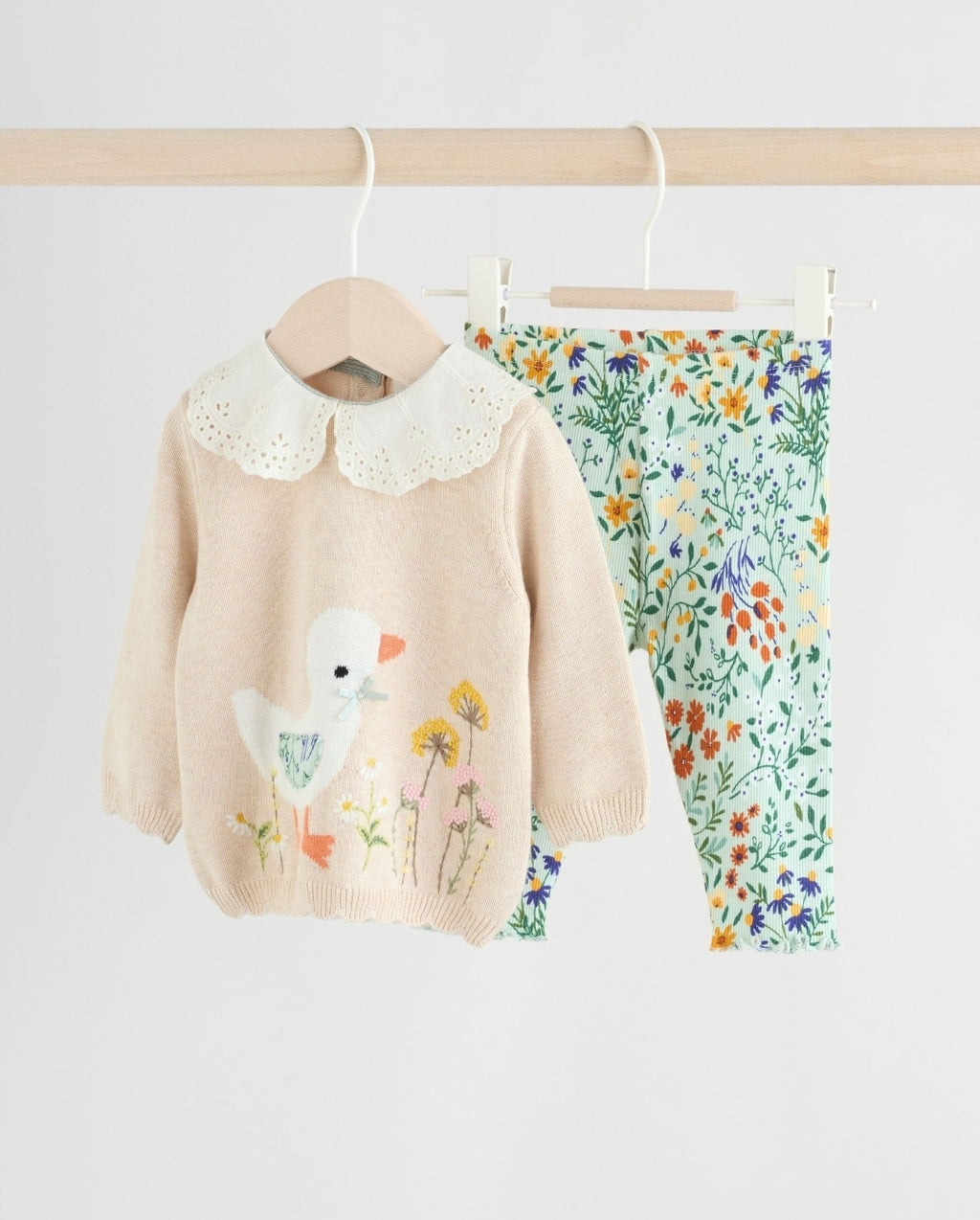 Neutral Duck/ Sage Ditsy Baby Knitted Jumper and Leggings 2