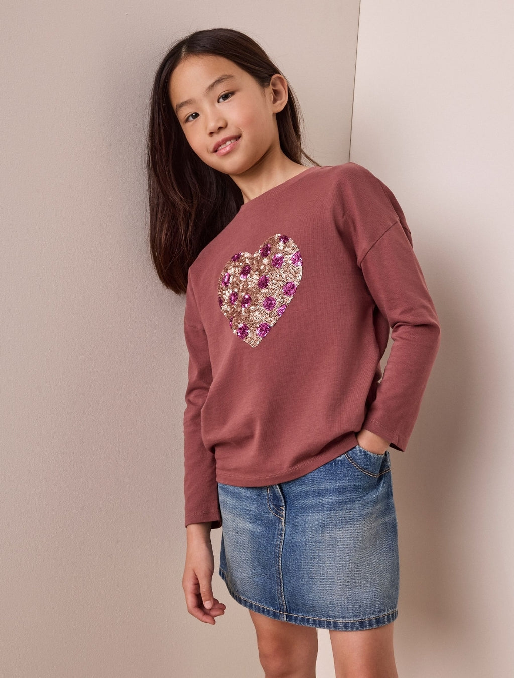 Brown Spot Long Sleeve Sequin Heart Top