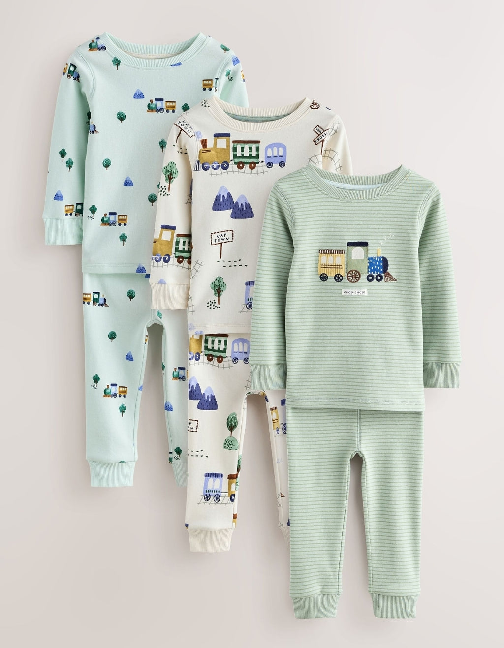 Green/Ecru Train Mini Print Snuggle Pyjamas 3 Pack
